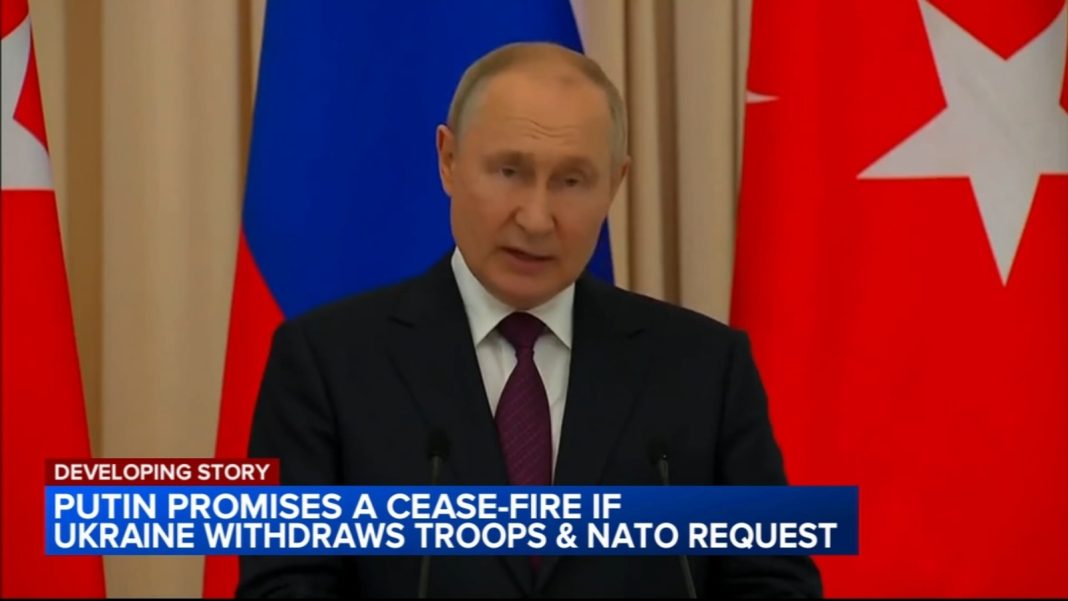 Putin Promises Cease-Fire in Ukraine If Kyiv Withdraws Troops and Rejects NATO